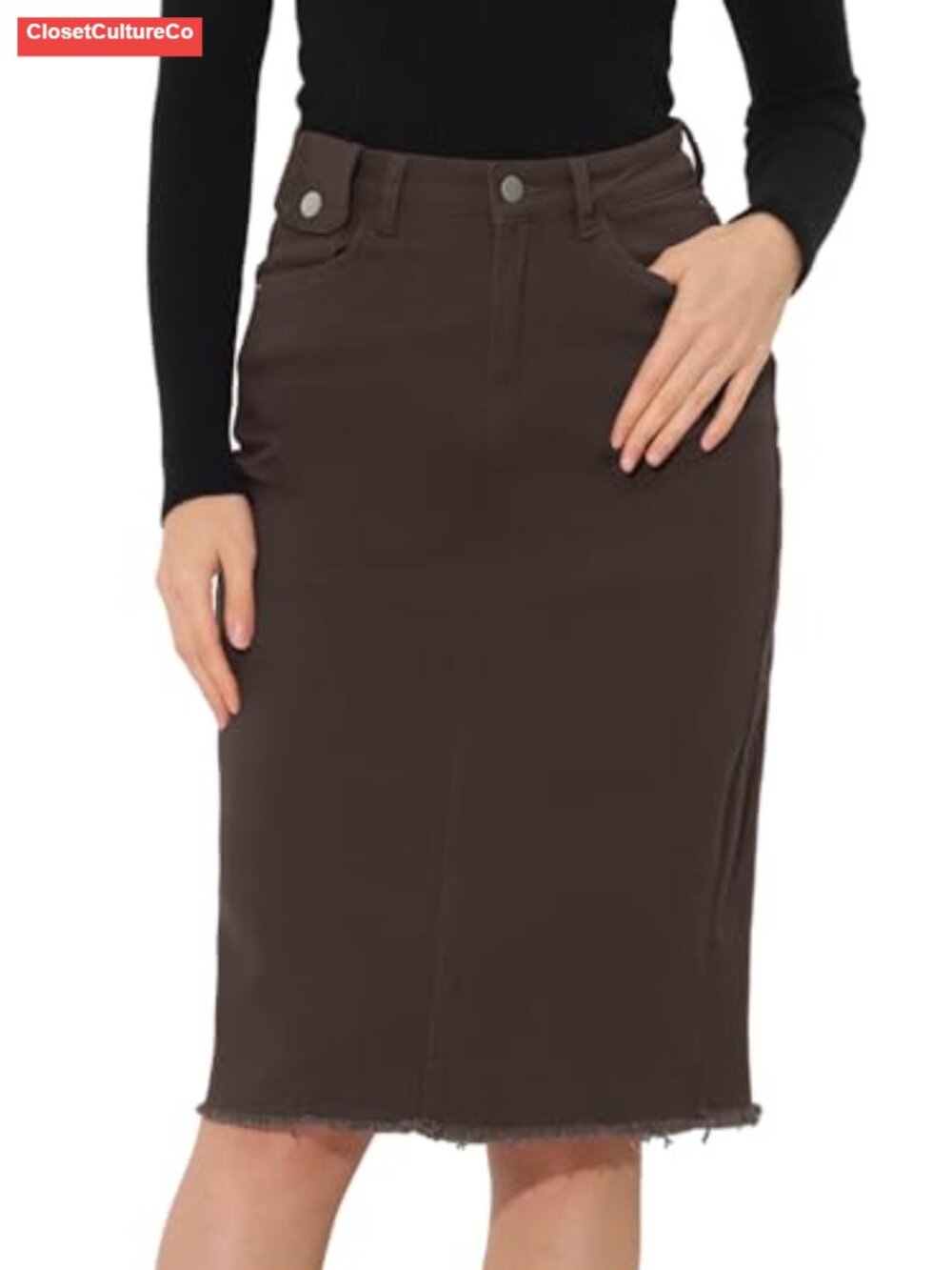 High Waist Midi Denim Jean Skirt Raw Hem Stretch A-Line Casual